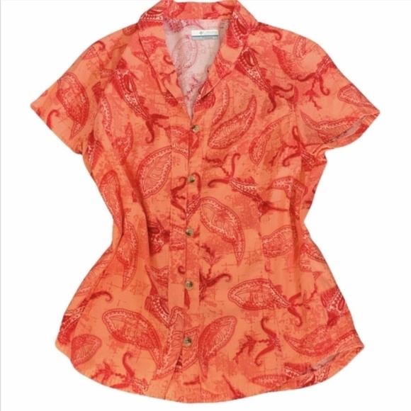 Columbia PFG Women Pink & Orange Short Sleeve Sz M Button Up Outdoor Shirt #232D - Picture 1 of 7